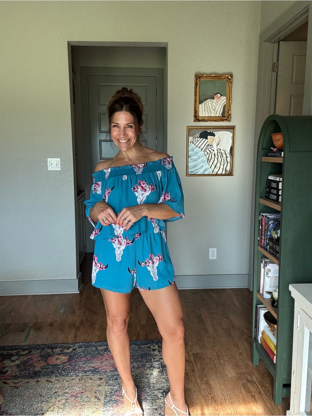 Altar’d State Western Blue Floral Bull Skull Off Shoulder Romper | Size Large